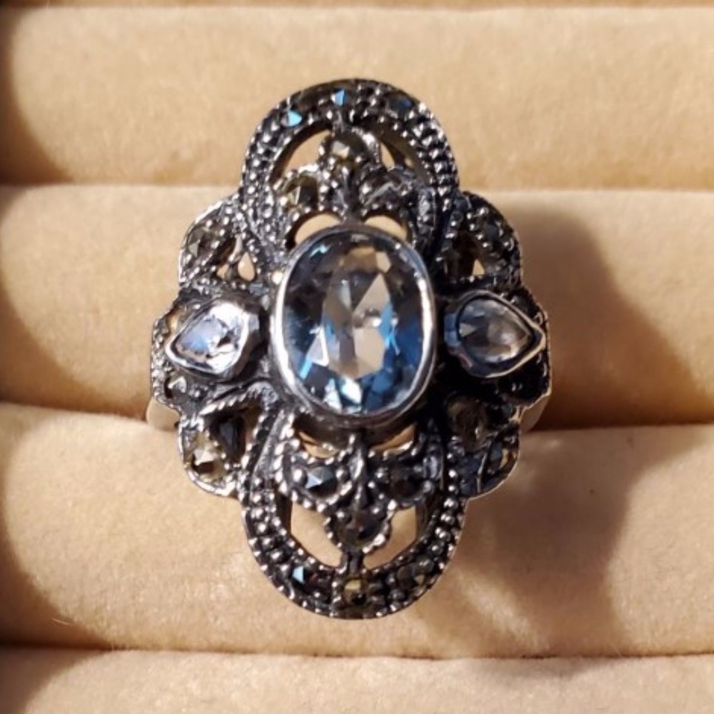 VINTAGE STERLING MARCASITE & TOPAZ RING - Picture 3 of 8
